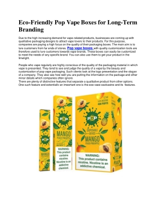 Eco-Friendly Pop Vape Boxes for Long-Term Branding