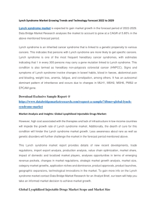 Lynch Syndrome Market Growing Trends and Technology Forecast 2022 to 2029