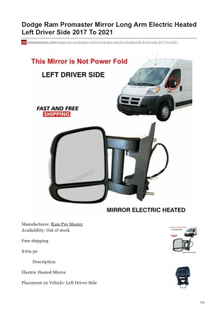 imsautoparts.com-Dodge Ram Promaster Mirror Long Arm Electric Heated Left Driver Side 2017 To 2021
