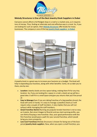 Melody Structures is One of the Best Jewelry Kiosk Suppliers in Dubai