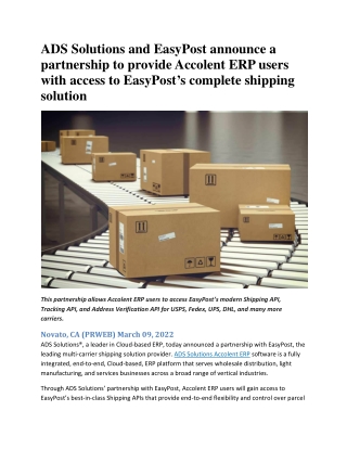 ADS Solutions and EasyPost announce a partnership to provide Accolent ERP users with access to EasyPost