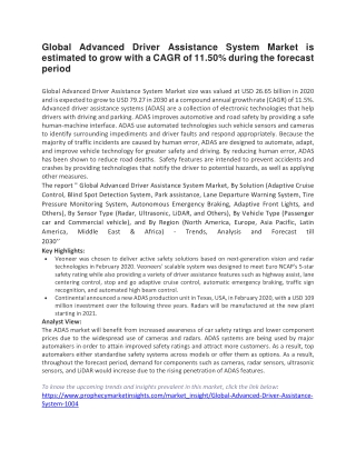 Global Advanced Driver Assistance System Market is estimated to grow with a CAGR of 11