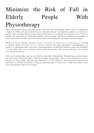 Minimize the Risk of Fall in Elderly People With Physiotherapy