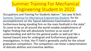 Summer Training For Mechanical Engineering Student