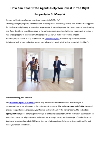 How Can Real Estate Agents Help You Invest in The Right Property in St Mary's