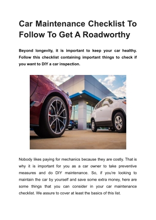 Car Maintenance Checklist To Follow To Get A Roadworthy
