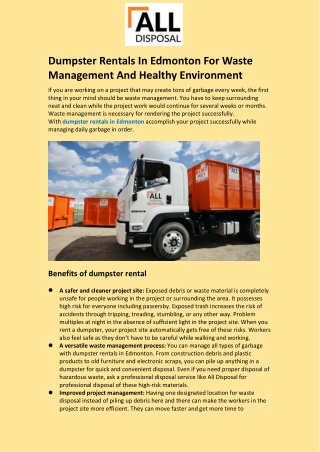 Dumpster Rentals In Edmonton For Waste Management And Healthy Environment
