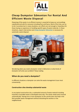 Cheap Dumpster Edmonton For Rental And Efficient Waste Disposal
