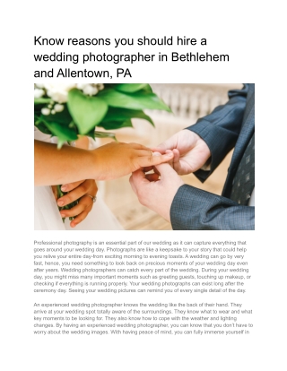 Know reasons you should hire a wedding photographer in Bethlehem and Allentown, PA