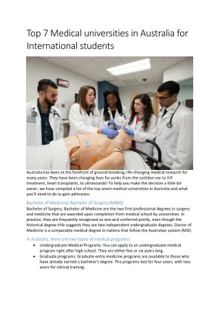 Top 7 Medical Universities in Australia for International students
