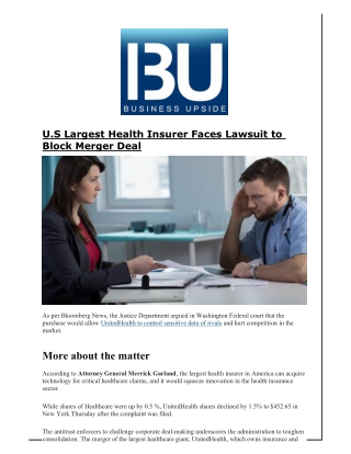 U.S Largest Health Insurer Faces Lawsuit to Block Merger Deal