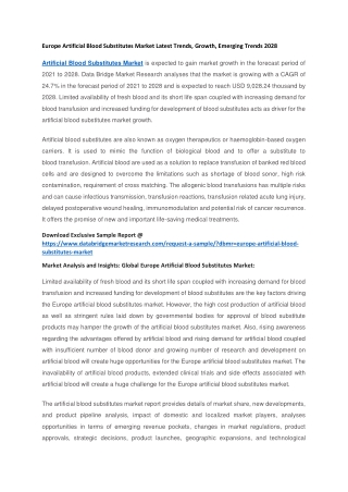Europe Artificial Blood Substitutes Market Latest Trends, Growth, Emerging Trends 2028