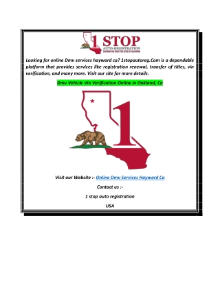 Dmv Vehicle Vin Verification Online in Oakland, Ca