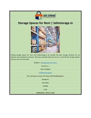 Storage Spaces for Rent | Safestorage.in