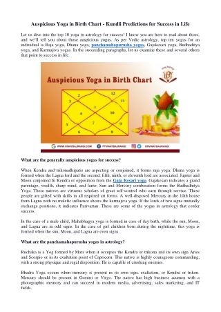 Auspicious Yoga in Birth Chart - Predictions for Success in Life - Kundli Analysis