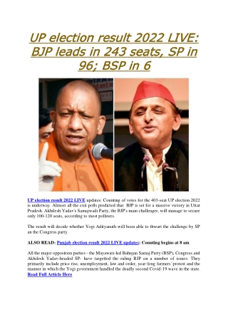 UP election result 2022 LIVE BJP leads in 243 seats, SP in 96; BSP in 6