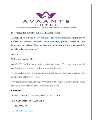 Best banquet hall in vastral ahmedabad | Avaante Hotel