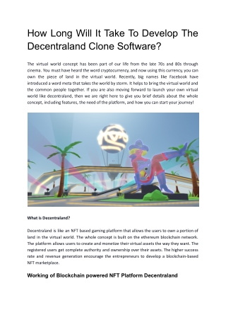 How Long Will It Take To Develop The Decentraland Clone Software?