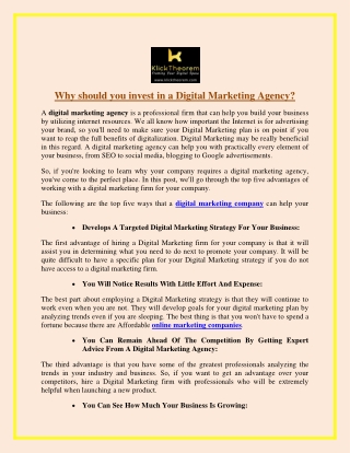 Why should you invest in a Digital Marketing Agency