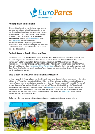Fantastische. Ferienparks in Nordholland bei EuroParcs Dünenresorts