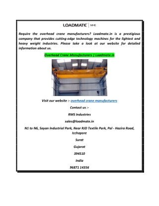 Overhead Crane Manufacturers  Loadmate.in