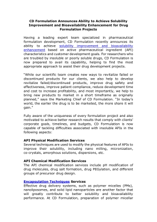 CD Formulation Announces Ability to Achieve Solubility Improvement and Bioavailability Enhancement for Drug Formulation