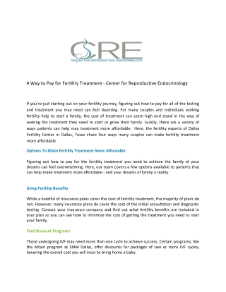 4 Way to Pay for Fertility Treatment - Center for Reproductive Endocrinology