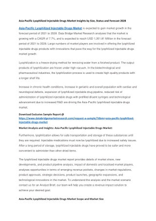 Asia-Pacific Lyophilized Injectable Drugs Market Insights by Size, Status and Forecast 2028