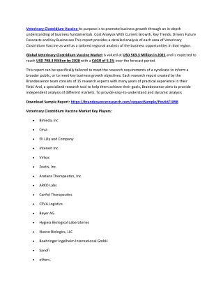 Veterinary Clostridium Vaccine Market 2022 - 28 | Industry Share, Size, Growth,