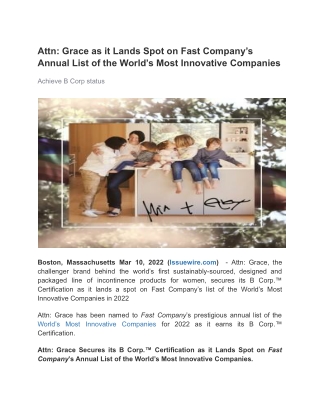 Attn Grace as it Lands Spot on Fast Company’s Annual List of the World’s Most Innovative Companies