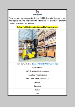 Online Forklift Operator Course Safetraining.com