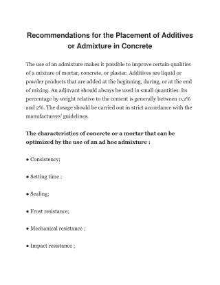 Recommendations for the Placement of Additives or Admixture in Cold
