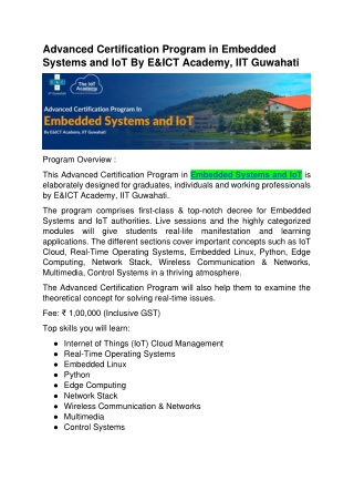 Advanced Certification Program in Embedded Systems and IoT By E&ICT Academy,IITG