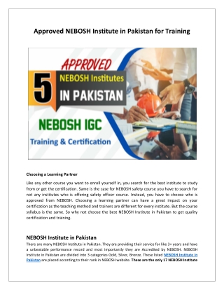 Approved NEBOSH Institute in Pakistan for Training