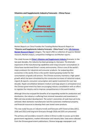 Vitamins and Supplements Industry Forecasts - China Focus