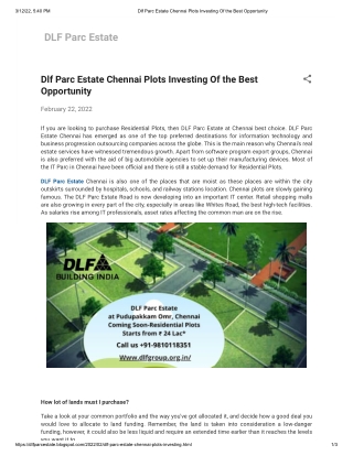 Dlf Parc Estate Chennai Plots Investing Of the Best Opportunity