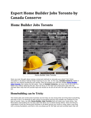 Authentic Home Builder Jobs Toronto by Canada Conserve