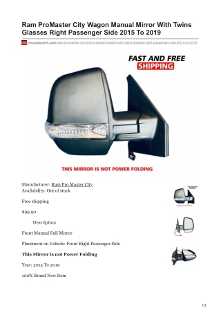 imsautoparts.com-Ram ProMaster City Wagon Manual Mirror With Twins Glasses Right Passenger Side 2015 To 2019