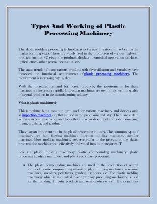 Types And Working of Plastic Processing Machinery