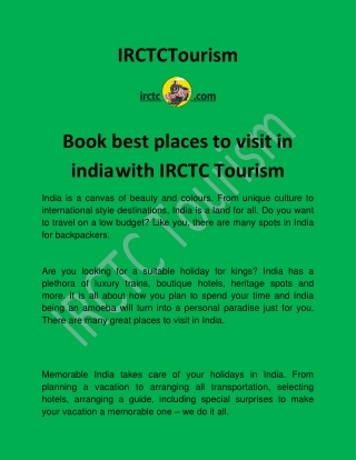 Book best places to visit in india with IRCTC Tourism