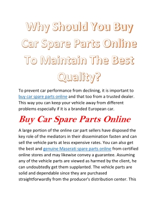 Why Should You Buy Car Spare Parts Online To Maintain The Best Quality
