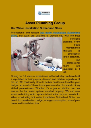 Hot Water Installation Sutherland Shire