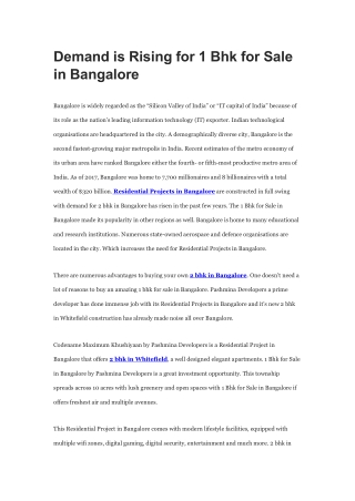 Demand is Rising for 1 Bhk for Sale in Bangalore