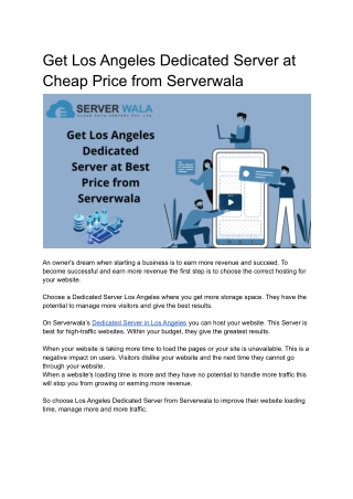 Get Los Angeles Dedicated Server at Best Price from Serverwala