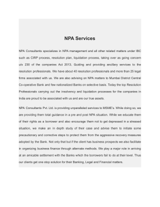 NPA in India | NPA Consultant in India | Best NPA Financial Services