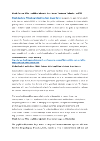 Middle East and Africa Lyophilized Injectable Drugs Market Trends and Technology by 2028
