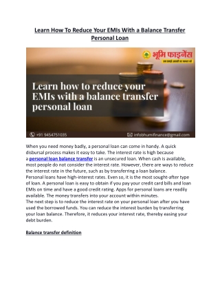 Learn how to reduce your EMIs with a balance transfer personal loan