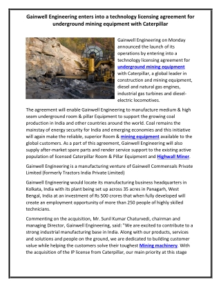 Gainwell Engineering enters into a technology licensing agreement for underground mining equipment with Caterpillar