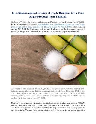 Investigation against Evasion of Trade Remedies for a Cane Sugar Products from Thailand