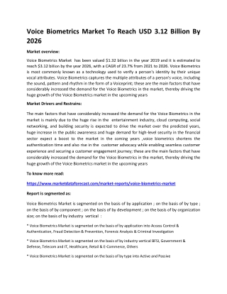 Voice Biometrics Market To Reach USD 3.12 billion By 2026